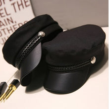 Load image into Gallery viewer, Fashion Unisex PU Leather Military Hat Autumn Sailor Hats For Women Men Black Grey flat top  Female travel cadet hat Captain Cap