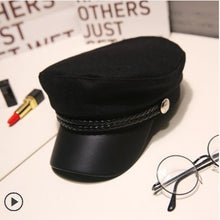 Load image into Gallery viewer, Fashion Unisex PU Leather Military Hat Autumn Sailor Hats For Women Men Black Grey flat top  Female travel cadet hat Captain Cap