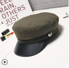 Load image into Gallery viewer, Fashion Unisex PU Leather Military Hat Autumn Sailor Hats For Women Men Black Grey flat top  Female travel cadet hat Captain Cap