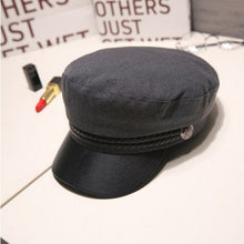 Load image into Gallery viewer, Fashion Unisex PU Leather Military Hat Autumn Sailor Hats For Women Men Black Grey flat top  Female travel cadet hat Captain Cap