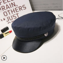 Load image into Gallery viewer, Fashion Unisex PU Leather Military Hat Autumn Sailor Hats For Women Men Black Grey flat top  Female travel cadet hat Captain Cap