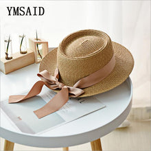 Load image into Gallery viewer, Ymsaid New Summer Sun Hats Women Fashion Girl Straw Hat  Ribbon Bow Beach Hat Casual Straw Flat Top Panama Hat Bone Feminino