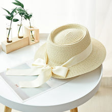 Load image into Gallery viewer, Ymsaid New Summer Sun Hats Women Fashion Girl Straw Hat  Ribbon Bow Beach Hat Casual Straw Flat Top Panama Hat Bone Feminino