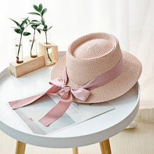 Load image into Gallery viewer, Ymsaid New Summer Sun Hats Women Fashion Girl Straw Hat  Ribbon Bow Beach Hat Casual Straw Flat Top Panama Hat Bone Feminino