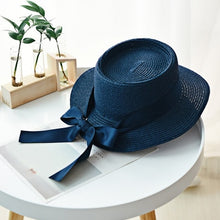 Load image into Gallery viewer, Ymsaid New Summer Sun Hats Women Fashion Girl Straw Hat  Ribbon Bow Beach Hat Casual Straw Flat Top Panama Hat Bone Feminino
